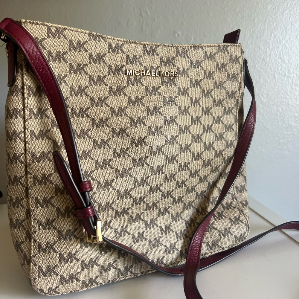 Michael Kors Tan and Burgundy Shoulder Bag